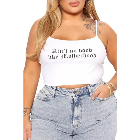 Fashion Nova "Ain't No Hood Like Motherhood" Spaghetti Strap White Tank Top, 3X - Picture 2 of 6